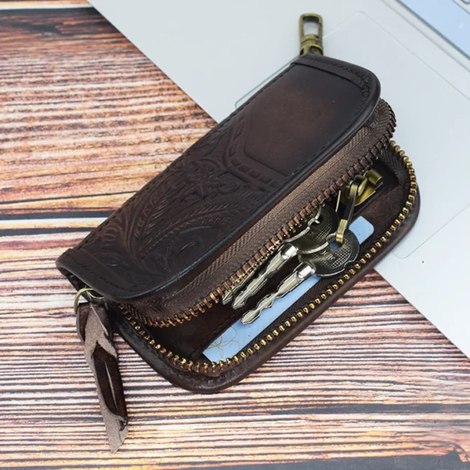 Genuine Leather Key Wallet Men Women Short Vintage Handmade Zipper Car Key Card Holder Coin Purse Bag Organizer Housekeeper
