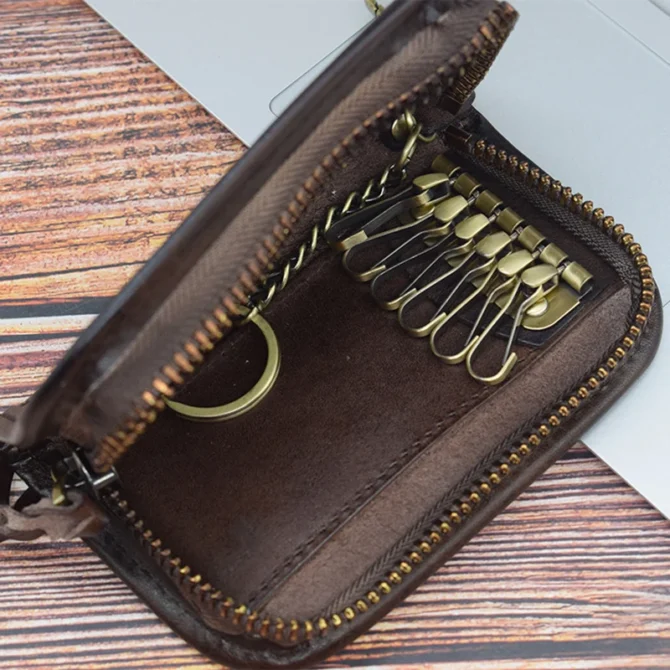 Genuine Leather Key Wallet Men Women Short Vintage Handmade Zipper Car Key Card Holder Coin Purse Bag Organizer Housekeeper