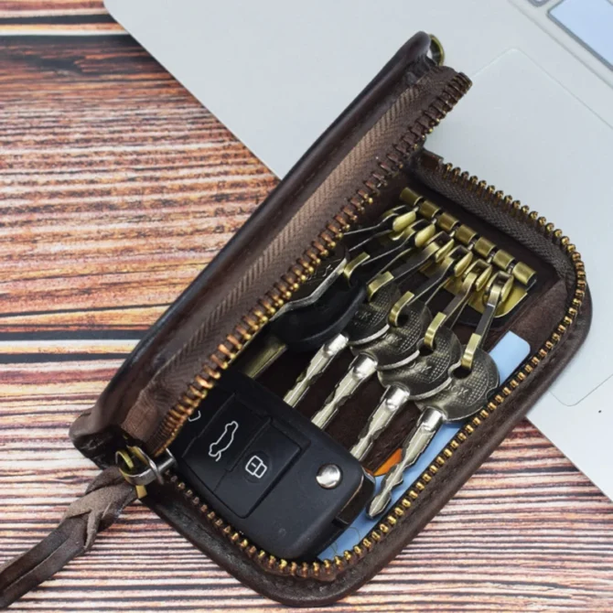 Genuine Leather Key Wallet Men Women Short Vintage Handmade Zipper Car Key Card Holder Coin Purse Bag Organizer Housekeeper