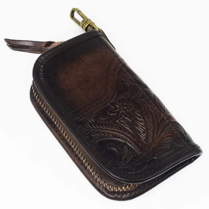 Genuine Leather Key Wallet Men Women Short Vintage Handmade Zipper Car Key Card Holder Coin Purse Bag Organizer Housekeeper