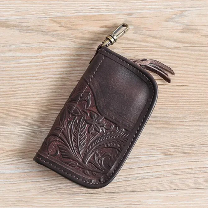 Genuine Leather Key Wallet Men Women Short Vintage Handmade Zipper Car Key Card Holder Coin Purse Bag Organizer Housekeeper