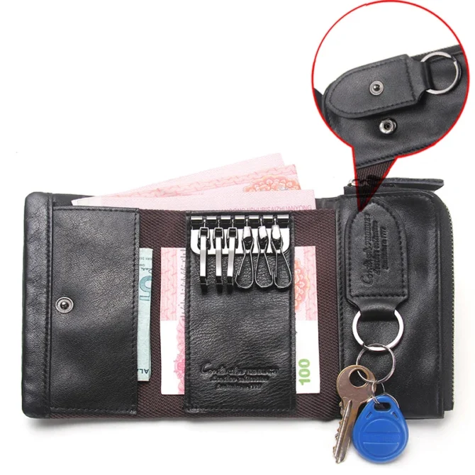 CONTACT'S Genuine Leather Men Key Wallet Small Male Purse with Coin Pocket Key Holder Man Pouch Housekeeper High Quality Keyring