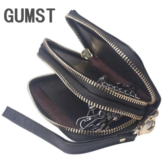 Classic New Double Zip Men's Genuine Cow Leather Car Key Holder Multifunction Housekeeper High Class Motor Key Case