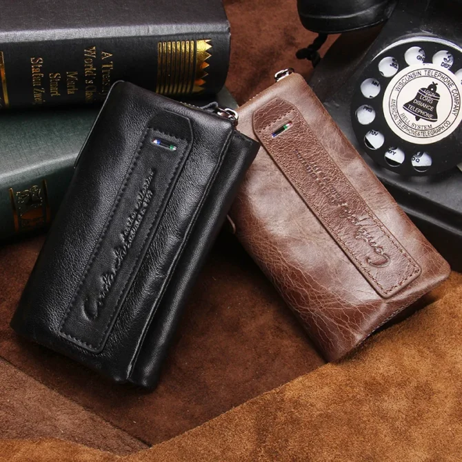 CONTACT'S Genuine Leather Men Key Wallet Small Male Purse with Coin Pocket Key Holder Man Pouch Housekeeper High Quality Keyring