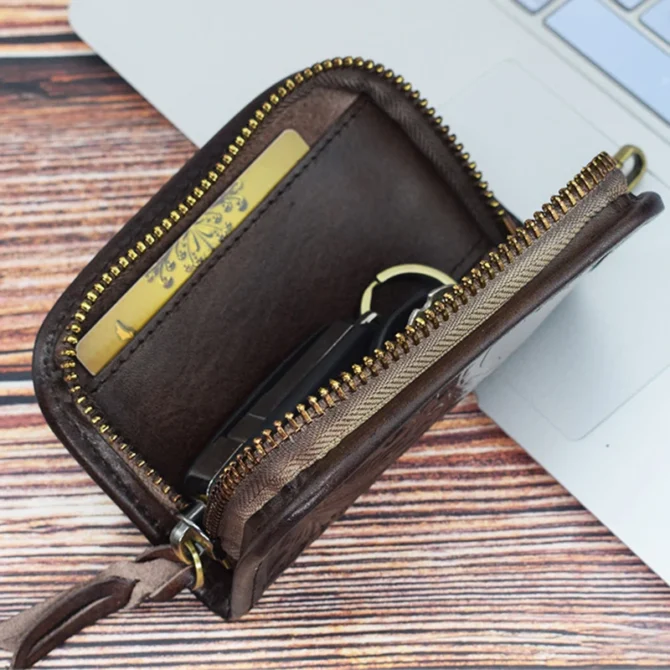 Genuine Leather Key Wallet Men Women Short Vintage Handmade Zipper Car Key Card Holder Coin Purse Bag Organizer Housekeeper