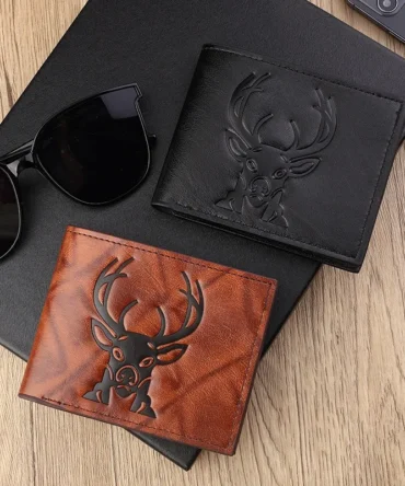 Men's Deer Head Pattern Wallet Classic 3D Embossed Design Two-fold Multiple Card Slots Leather Wallet