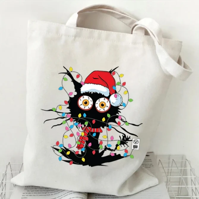 Cat What Cat Christmas Print Shopper Bag Anime Kawaii Tote Bag Borse Borsa Da Donna Borse A Tracolla Harajuku Beach Totes