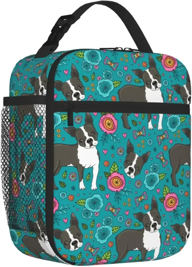 Boston Terrier and Flower Lunch Box for Men Women Small Turquoise Lunch Bag for Office Work Picnic Reusable Portable