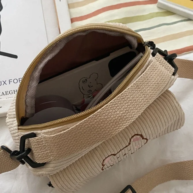 Lovely Ladies Girl Cartoon Messenger Tote Bag Small Corduroy Crossbody Bag Girls Shoulder Bag for Shopping Hanging out