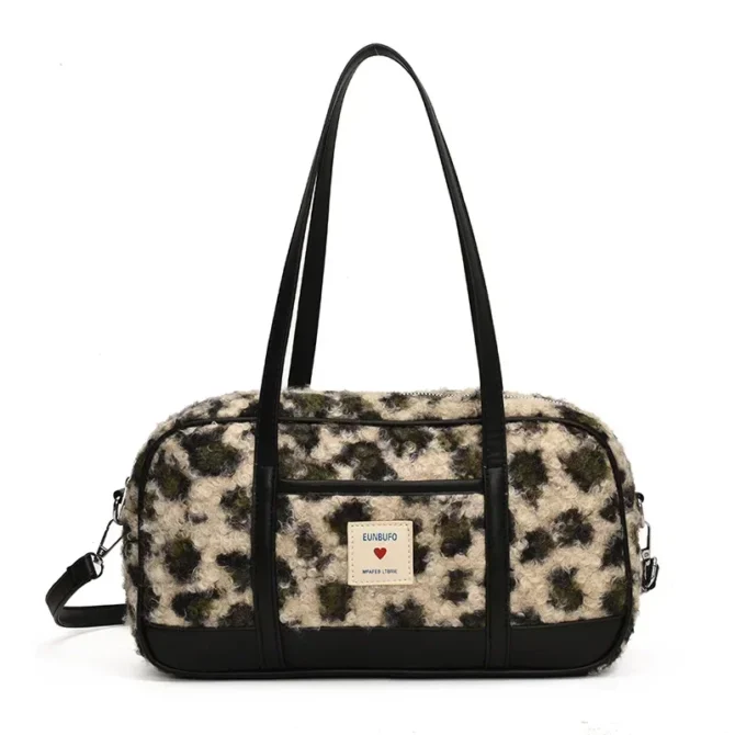 Brand Designer PU Leather and Wool Leopard Printed Women's Shoulder Bag Retro Crossbody Bag Pillow Boston Bowling Handbag