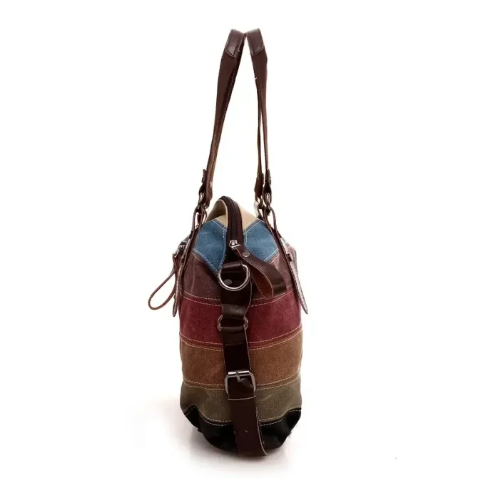 Rainbow Striped Print Canvas Bag, Double Handle Zipper Shoulder Boston Bag With Buckle Decor