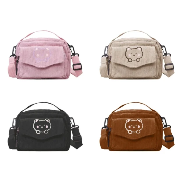 Lovely Ladies Girl Cartoon Messenger Tote Bag Small Corduroy Crossbody Bag Girls Shoulder Bag for Shopping Hanging out
