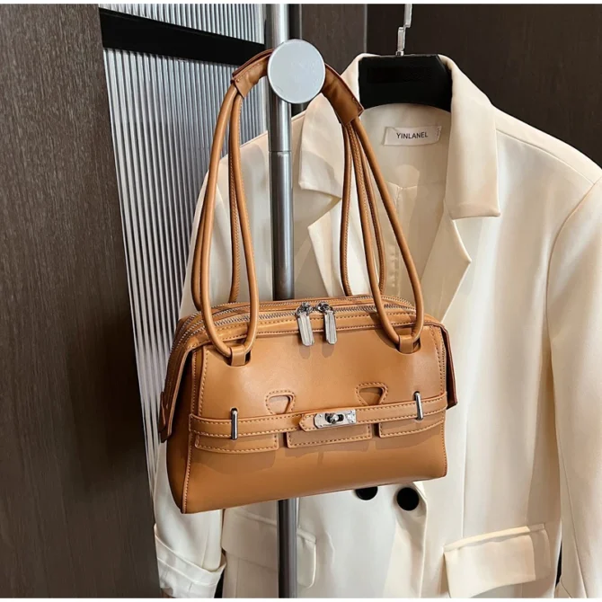 Luxury Underarm Bag Women Fashion Multi-layer Zipper Shoulder Bag New Belt Buckle Design Boston Bag Soft Leather Motorcycle Bags