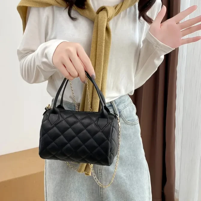 Chic and trendy black argyle women's crossbody Boston handbag - stylish sophisticated choice for a fashionable appearance