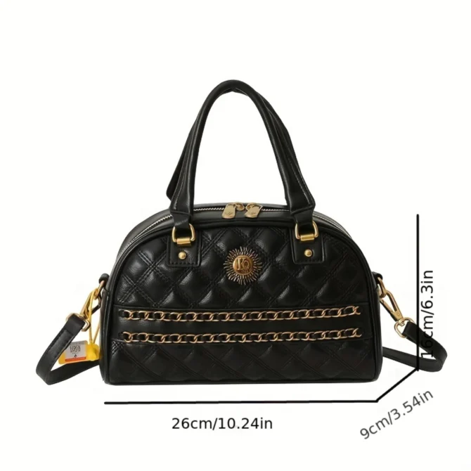 Vintage Argyle Quilted Handbag, Y2K Chain Decor Bowling Bag, Women's Boston Crossbody Purse