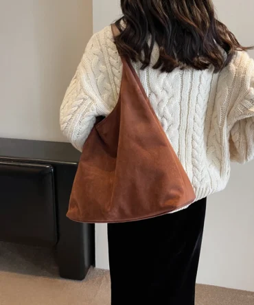 Vintage Autumn and Winter Women's Bag Soft Suede Shoulder Bag Solid Color Casual Commuter Bag Fashion Shopper Totes