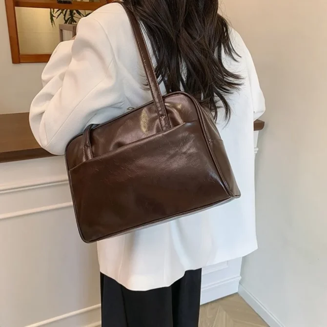 Korean Style Boston Shoulder Bag Large Capacity Underarm Bag Pu Leather Tote Bag Solid Color Square Women's Handbag Travel