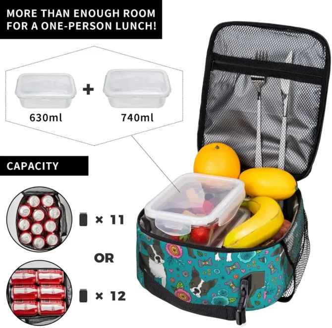 Boston Terrier and Flower Lunch Box for Men Women Small Turquoise Lunch Bag for Office Work Picnic Reusable Portable