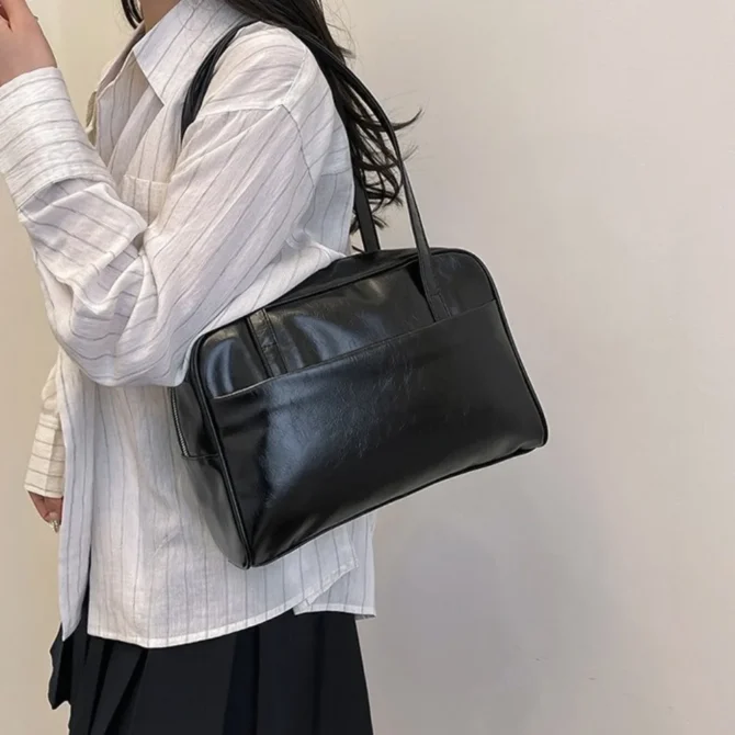 Korean Style Boston Shoulder Bag Large Capacity Underarm Bag Pu Leather Tote Bag Solid Color Square Women's Handbag Travel