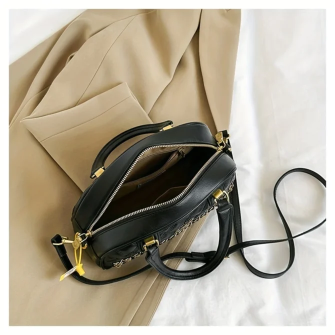 Vintage Argyle Quilted Handbag, Y2K Chain Decor Bowling Bag, Women's Boston Crossbody Purse