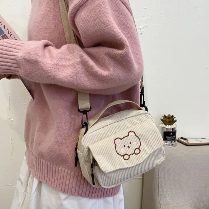 Lovely Ladies Girl Cartoon Messenger Tote Bag Small Corduroy Crossbody Bag Girls Shoulder Bag for Shopping Hanging out