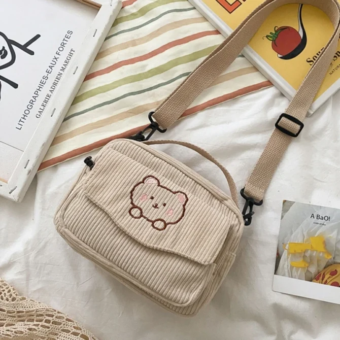 Lovely Ladies Girl Cartoon Messenger Tote Bag Small Corduroy Crossbody Bag Girls Shoulder Bag for Shopping Hanging out