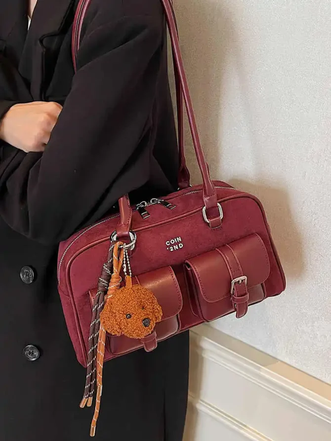 Textured Multi-Pocket Design Shoulder Underarm Bag Women Large Capacity Commuter Handbags Lady Fashion Bowling Bag