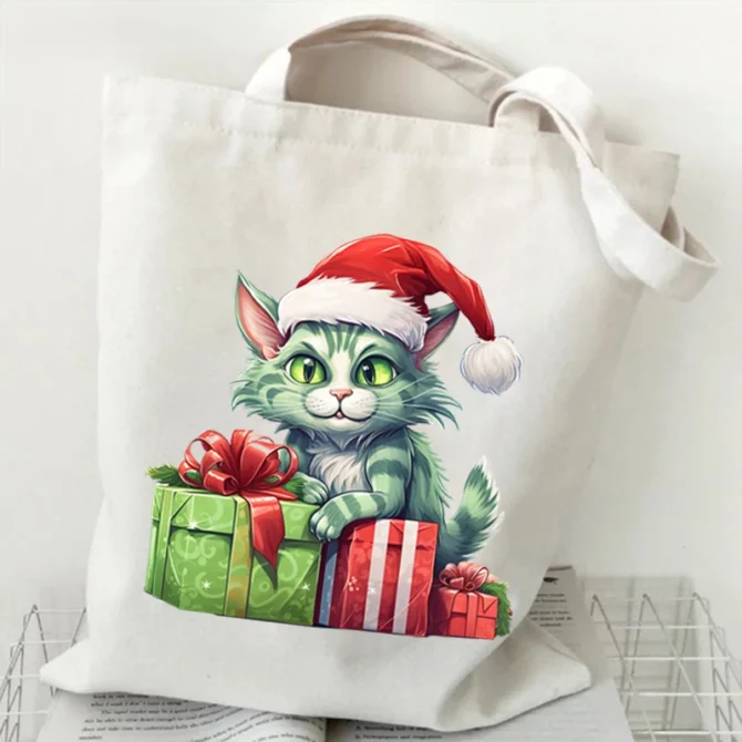 Cat What Cat Christmas Print Shopper Bag Anime Kawaii Tote Bag Borse Borsa Da Donna Borse A Tracolla Harajuku Beach Totes