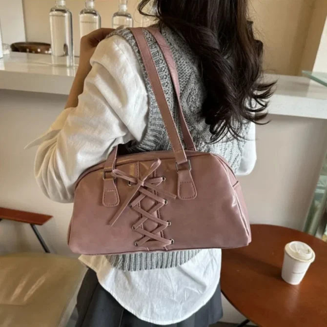 Fashion French Style Bow Ribbons Bowling Bag Elegant Large Capacity Boston Shoulder Bag Casual PU Leather Women Handbags Girls