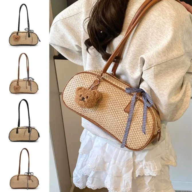 Boston Bag Sweet Straw Bowling Bag Elegant with Pendant Sand Beach Tote Bag Casual Commuting Weave Shoulder Bag Travel