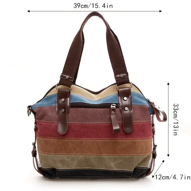 Rainbow Striped Print Canvas Bag, Double Handle Zipper Shoulder Boston Bag With Buckle Decor