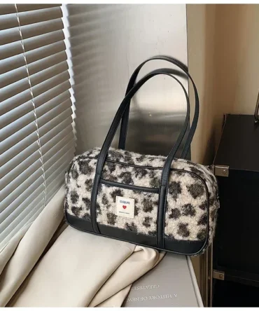 Brand Designer PU Leather and Wool Leopard Printed Women's Shoulder Bag Retro Crossbody Bag Pillow Boston Bowling Handbag