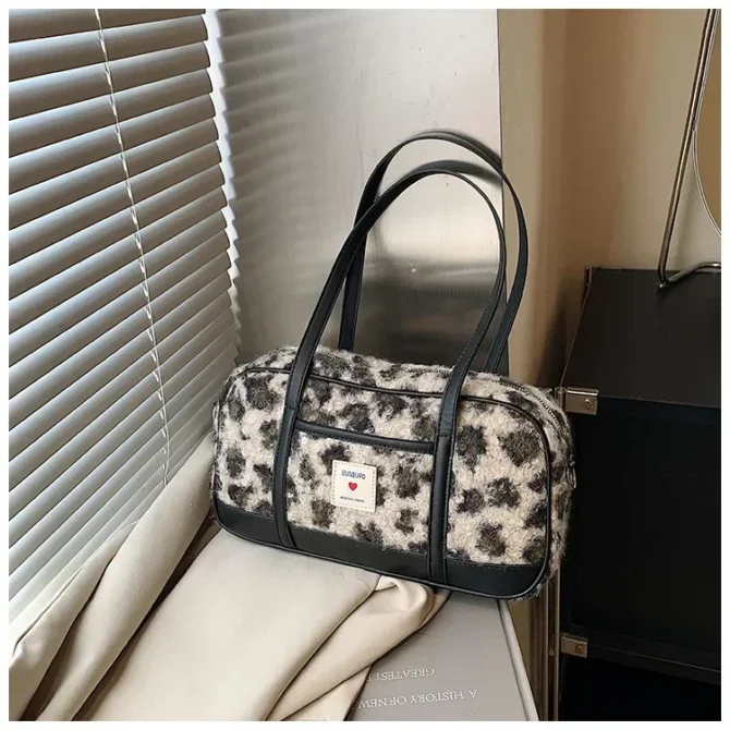 Brand Designer PU Leather and Wool Leopard Printed Women's Shoulder Bag Retro Crossbody Bag Pillow Boston Bowling Handbag