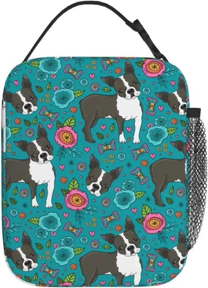Boston Terrier and Flower Lunch Box for Men Women Small Turquoise Lunch Bag for Office Work Picnic Reusable Portable