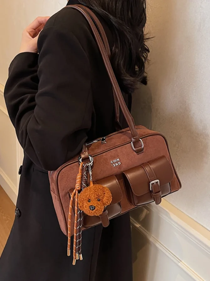 Textured Multi-Pocket Design Shoulder Underarm Bag Women Large Capacity Commuter Handbags Lady Fashion Bowling Bag