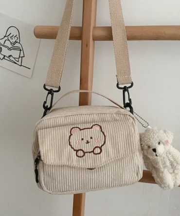 Lovely Ladies Girl Cartoon Messenger Tote Bag Small Corduroy Crossbody Bag Girls Shoulder Bag for Shopping Hanging out