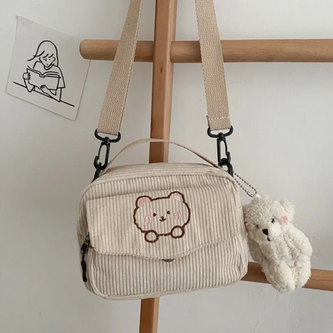 Lovely Ladies Girl Cartoon Messenger Tote Bag Small Corduroy Crossbody Bag Girls Shoulder Bag for Shopping Hanging out