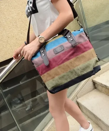 Rainbow Striped Print Canvas Bag, Double Handle Zipper Shoulder Boston Bag With Buckle Decor