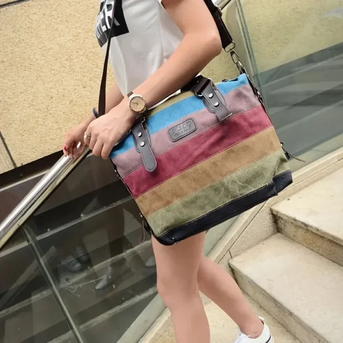 Rainbow Striped Print Canvas Bag, Double Handle Zipper Shoulder Boston Bag With Buckle Decor
