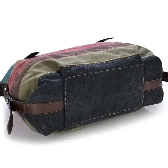 Rainbow Striped Print Canvas Bag, Double Handle Zipper Shoulder Boston Bag With Buckle Decor