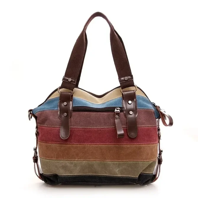 Rainbow Striped Print Canvas Bag, Double Handle Zipper Shoulder Boston Bag With Buckle Decor