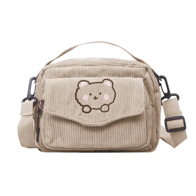 Lovely Ladies Girl Cartoon Messenger Tote Bag Small Corduroy Crossbody Bag Girls Shoulder Bag for Shopping Hanging out