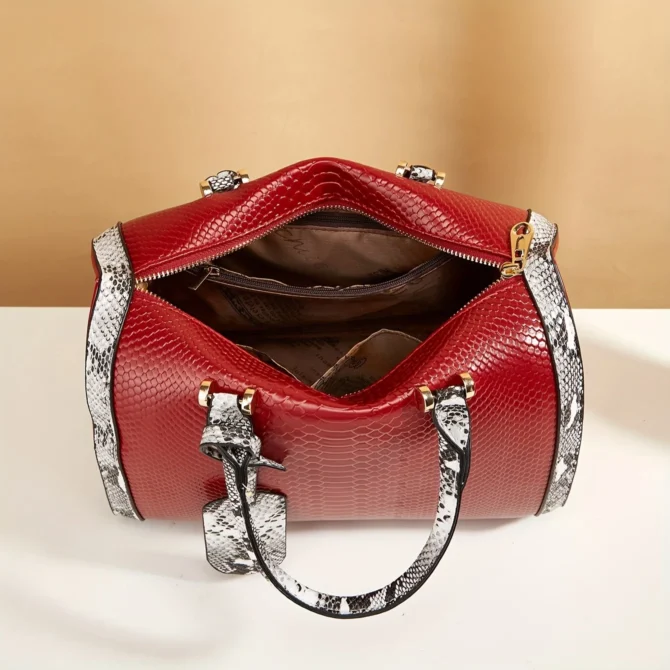 Portable Boston Bag, Snake Pattern Large Capacity Crossbody Bag, Solid Color Zipper Handbag