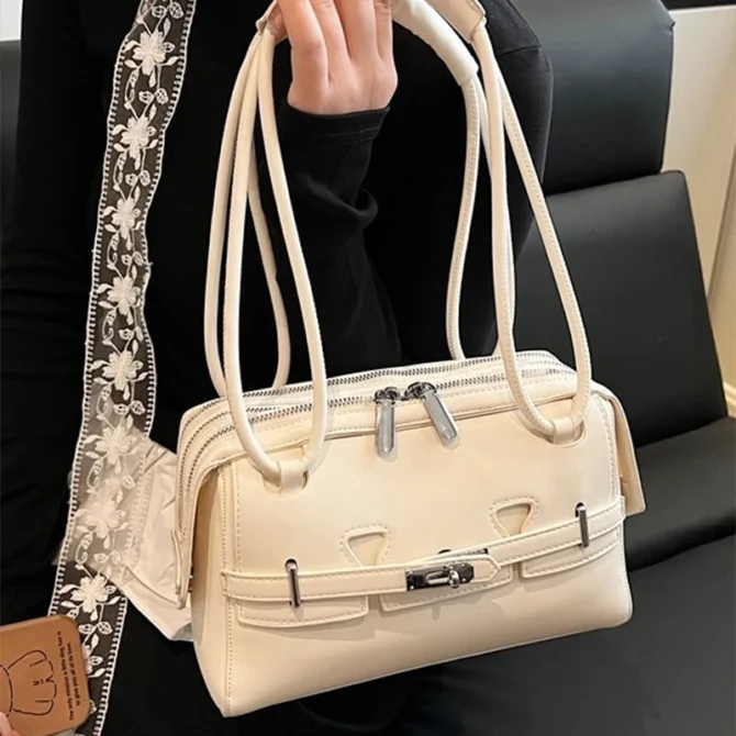 Luxury Underarm Bag Women Fashion Multi-layer Zipper Shoulder Bag New Belt Buckle Design Boston Bag Soft Leather Motorcycle Bags
