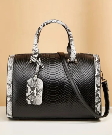 Portable Boston Bag, Snake Pattern Large Capacity Crossbody Bag, Solid Color Zipper Handbag