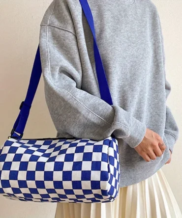 Chic Plaid Canvas Crossbody Bag for Women - Adjustable Strap, Zip Closure, Sporty Boston Pillow Design