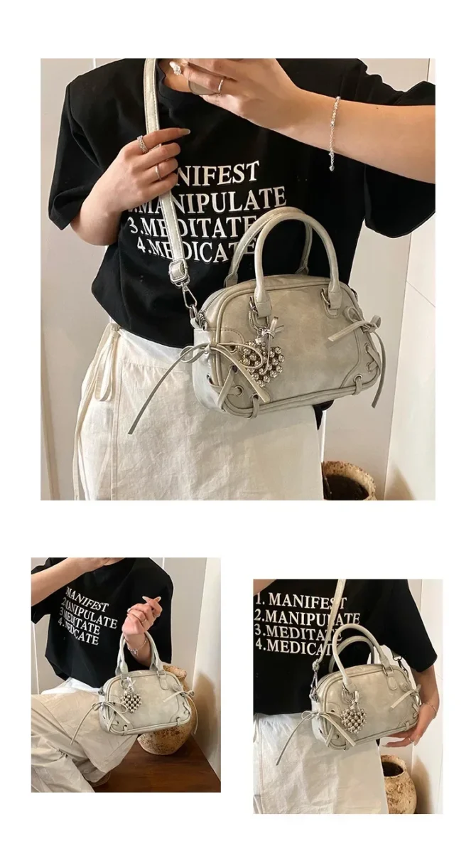 Luxury Designer Pendant PU Leather Women's Handbag Retro Crossbody Bag Pillow Bowling Boston Tote