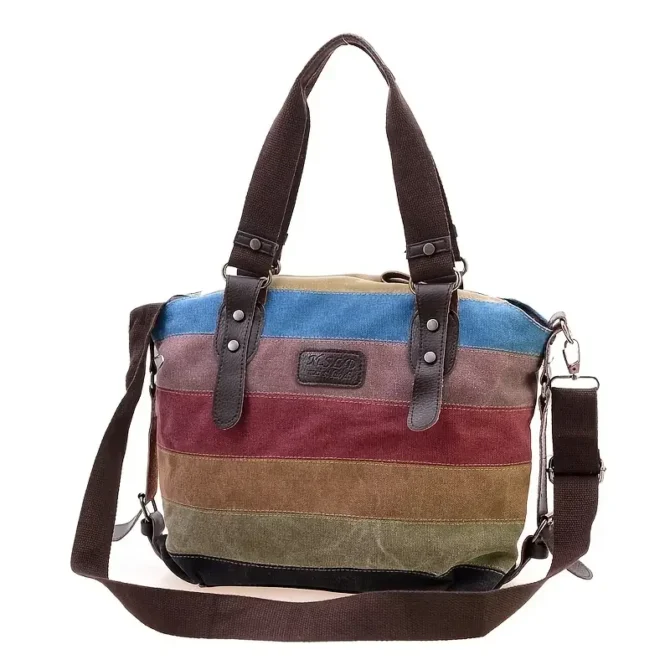 Rainbow Striped Print Canvas Bag, Double Handle Zipper Shoulder Boston Bag With Buckle Decor