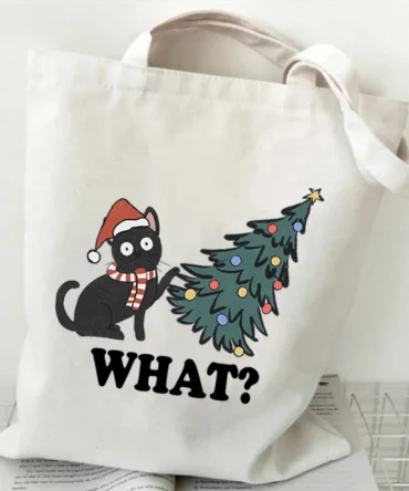 Cat What Cat Christmas Print Shopper Bag Anime Kawaii Tote Bag Borse Borsa Da Donna Borse A Tracolla Harajuku Beach Totes
