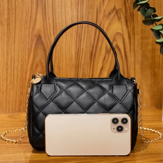 Chic and trendy black argyle women's crossbody Boston handbag - stylish sophisticated choice for a fashionable appearance